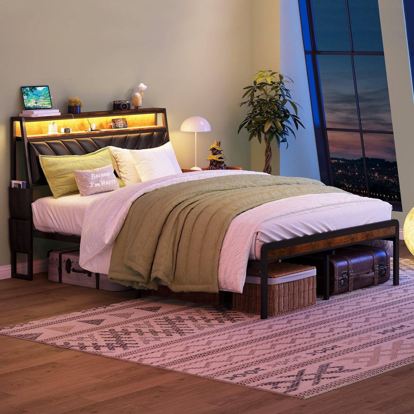 Sesslife Full Size LED Bed Frame with Charging Station, Upholstered Platform Bed with 105-Degree Tilted 2-Tier Headboard, Metal Bed with Side Bags and Underbed Storage, No Box Spring Needed, Black