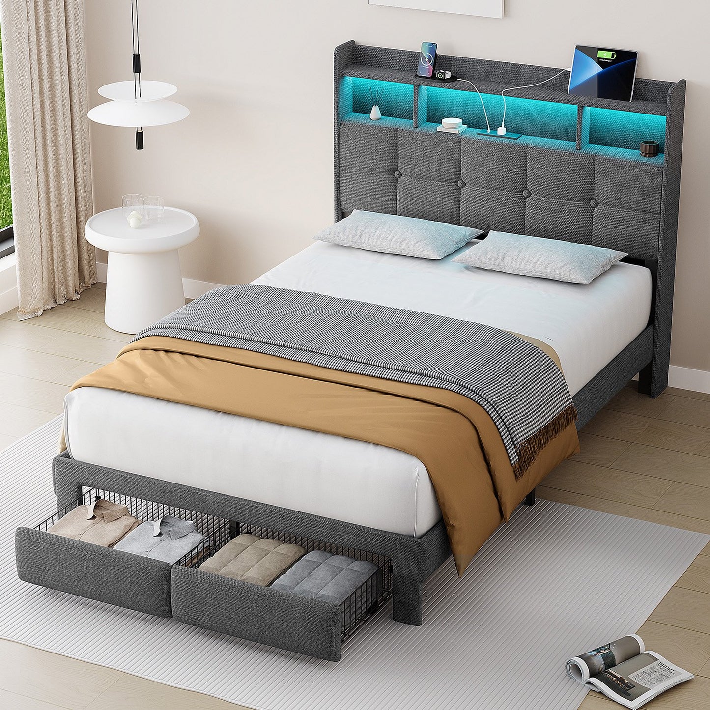 Sesslife Full Size LED Bed Frame with Wingback Storage Headboard, Upholstered Platform Bed with 2 Storage Drawers and Charging Station, Strong Wooden Slats Support, No Box Spring Needed, Gray