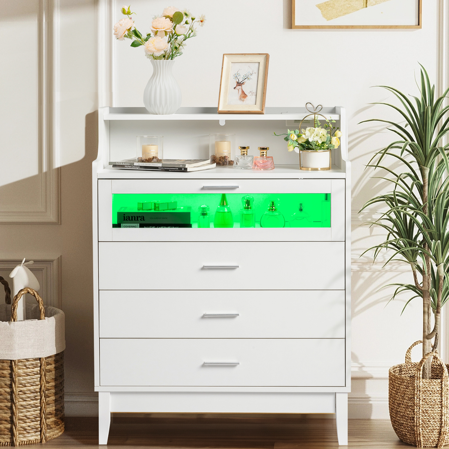 ENYOPRO Black Nightstand with Charging Station and RGB Light Strip, Smart LED Nightstand with 4 Drawers, Modern End Side Table, Bedside Table for Home and Office