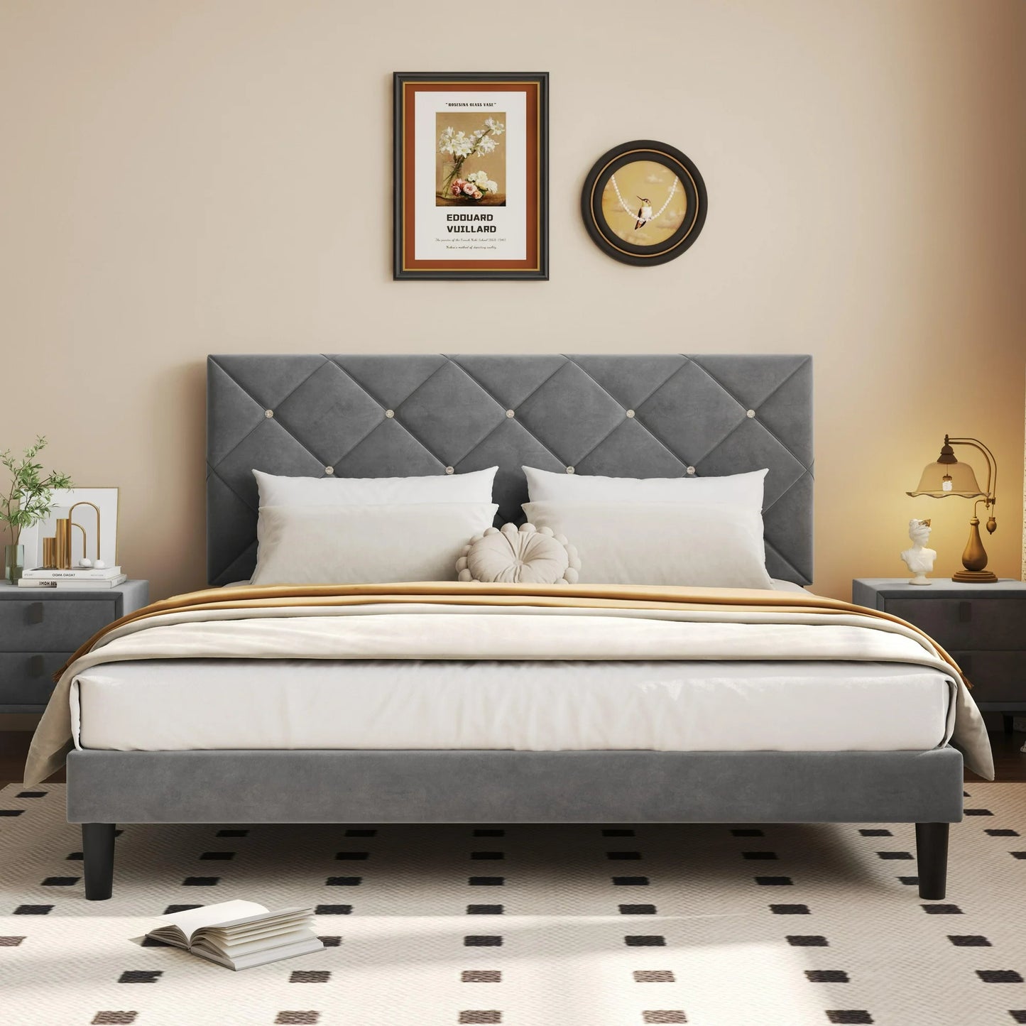 Sesslife Gray Platform Bed Frame, Twin Bed Frame with Upholstered Headboard, Twin Floor Bed Frame, Mattress Foundation, No Box Spring Needed, Easy Assembly