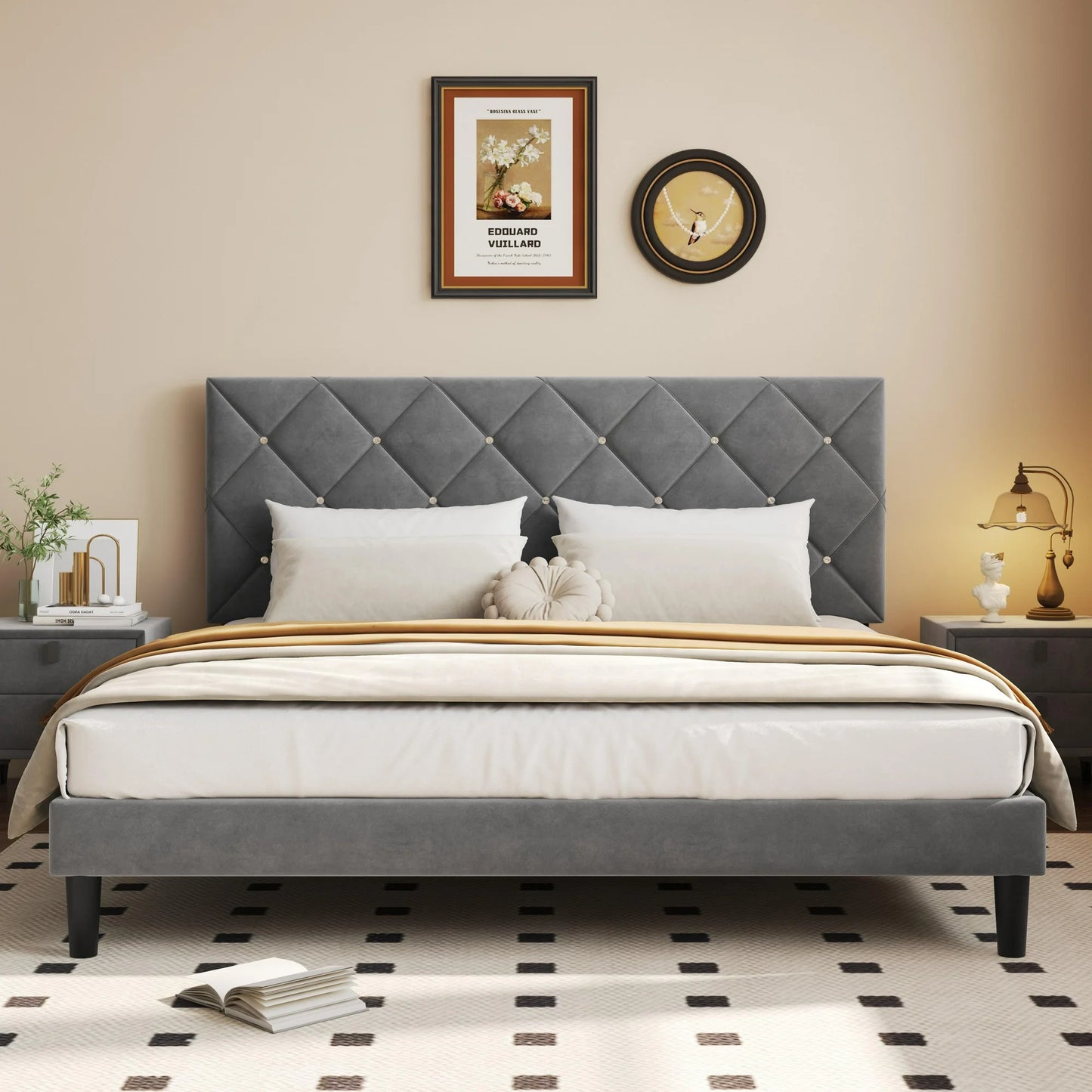 Sesslife Gray Platform Bed Frame, Twin Bed Frame with Upholstered Headboard, Twin Floor Bed Frame, Mattress Foundation, No Box Spring Needed, Easy Assembly