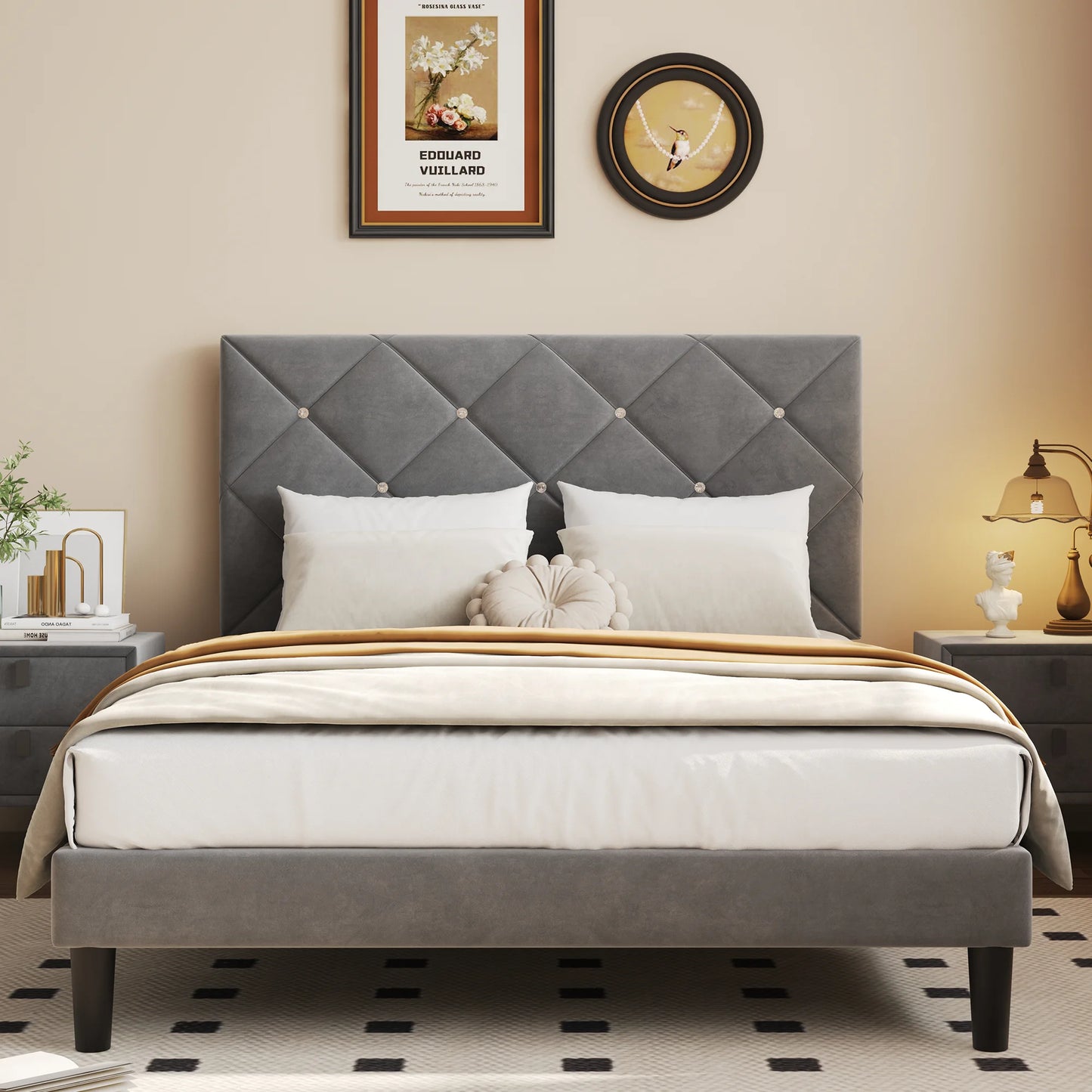Sesslife Gray Platform Bed Frame, Twin Bed Frame with Upholstered Headboard, Twin Floor Bed Frame, Mattress Foundation, No Box Spring Needed, Easy Assembly