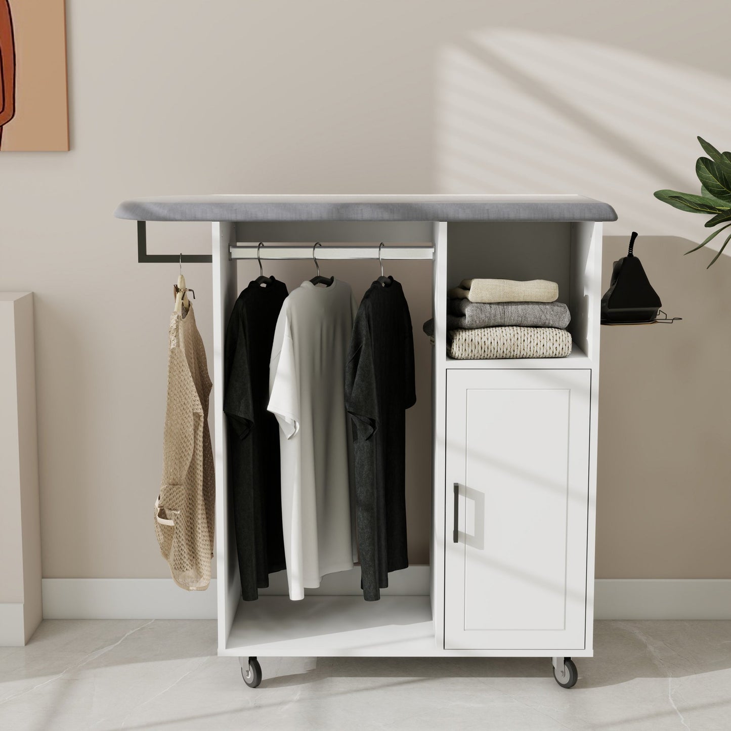 Sesslife Ironing Cabinet with Rolling Ironing Board, Modern Ironing Cart with Adjustable Shelf, 2 Clothes Rods, Iron Rack and Storage Cabinet, Laundry Sorter Cart for Laundry Room Bedroom, White