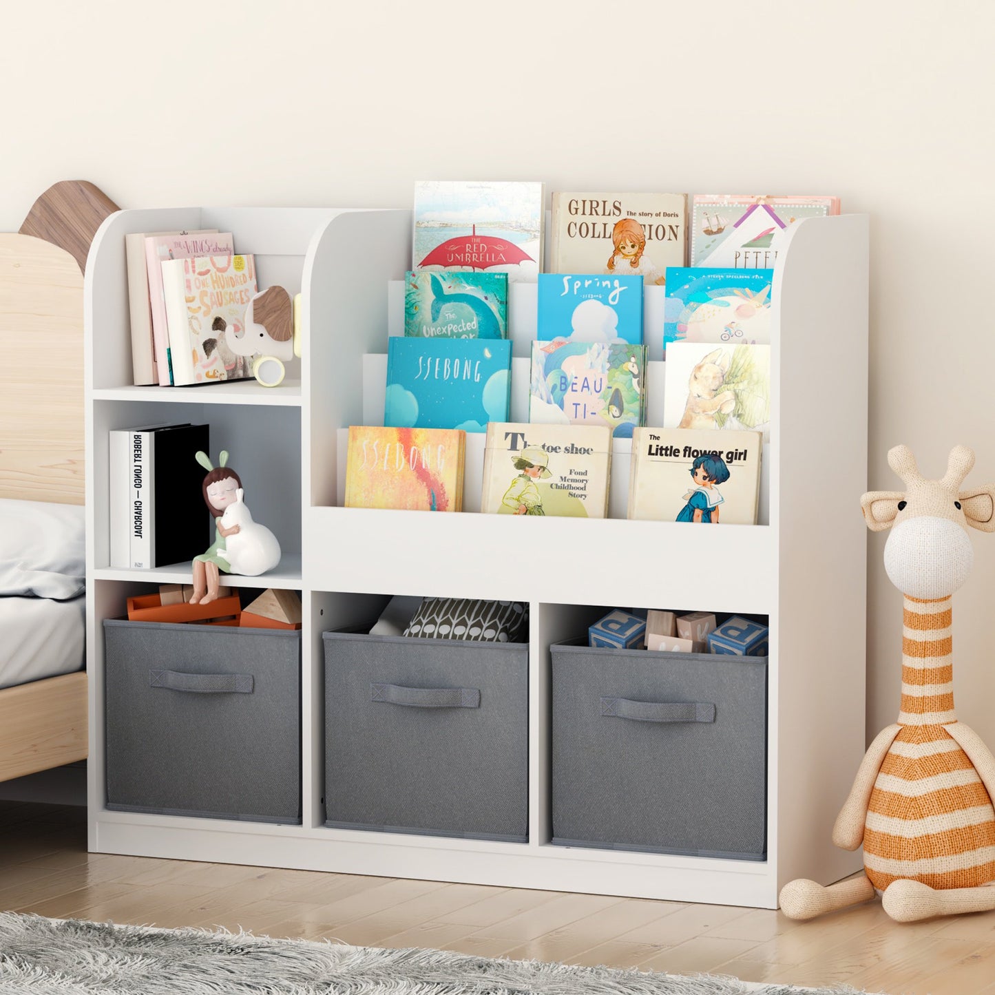 Sesslife Kids Bookshelf with Storage, Multifunctional Nursery Book Shelves, Toy Storage Cabinet with 3 Movable Drawers and 4-Tier Display Stand for Bedroom Playroom Kids Rooms, White