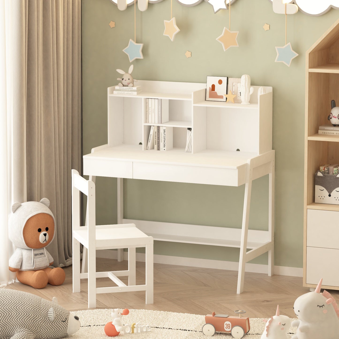 Sesslife Kids Table and Chair Set with Storage, Wood Study Desk and Chair Set with Open Shelves & 2 Drawers for Kids, Learning Table and Chair Set with Height-adjustable Design for Kids Room, White