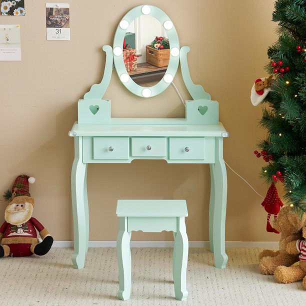 Sesslife Kids Vanity Set with Mirror Lights and Drawers, Wooden Princess Makeup Desk Set, Toddler Dressing Table Set, Pretend Play Kids Vanity Table and Chair Set for Little Girls aged 3+, Blue