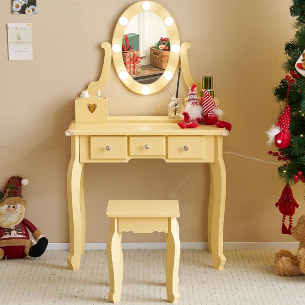 Sesslife Kids Vanity Set with Mirror Lights and Drawers, Wooden Princess Makeup Desk Set, Toddler Dressing Table Set, Pretend Play Kids Vanity Table and Chair Set for Little Girls aged 3+, Blue