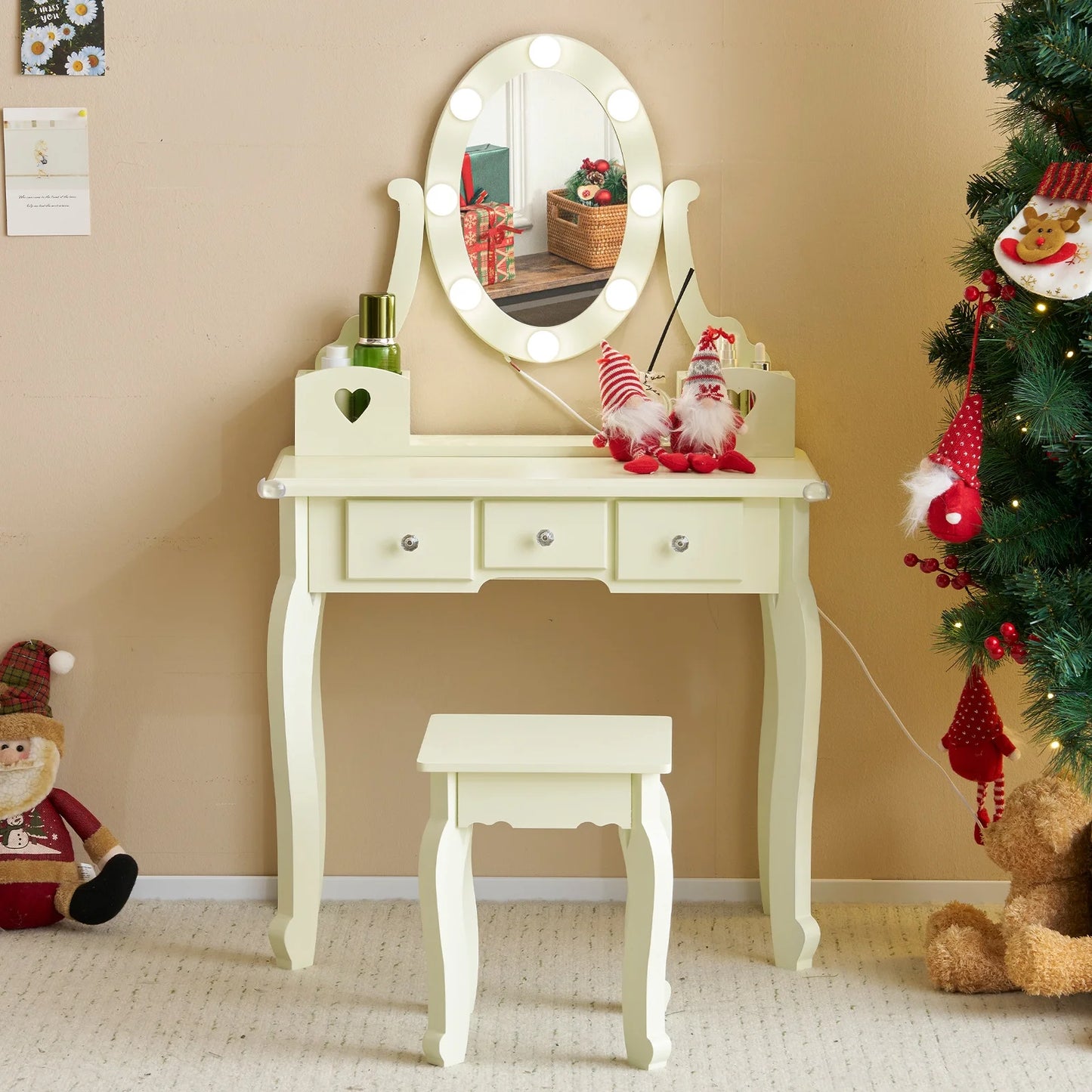 Sesslife Kids Vanity Set with Mirror Lights and Drawers, Wooden Princess Makeup Desk Set, Toddler Dressing Table Set, Pretend Play Kids Vanity Table and Chair Set for Little Girls aged 3+, Blue