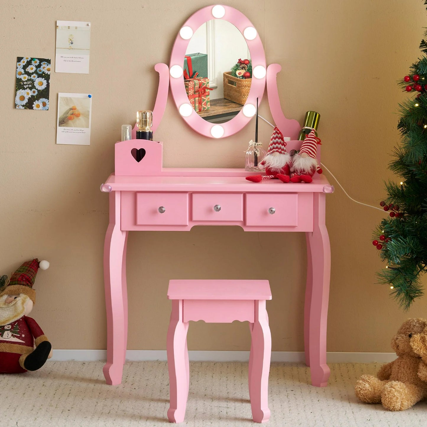 Sesslife Kids Vanity Set with Mirror Lights and Drawers, Wooden Princess Makeup Desk Set, Toddler Dressing Table Set, Pretend Play Kids Vanity Table and Chair Set for Little Girls aged 3+, Blue