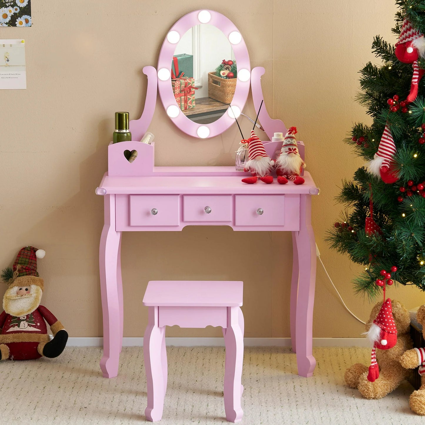 Sesslife Kids Vanity Set with Mirror Lights and Drawers, Wooden Princess Makeup Desk Set, Toddler Dressing Table Set, Pretend Play Kids Vanity Table and Chair Set for Little Girls aged 3+, Blue