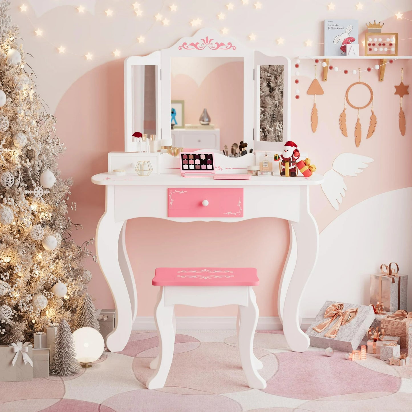 SESSLIFE Vanity Sets for Girls, Vanity Play Set with Drawers, Dressing Table Dresser Wooden Toy Makeup Vanity Table & Stool with 3 Foldable Mirror, Pink