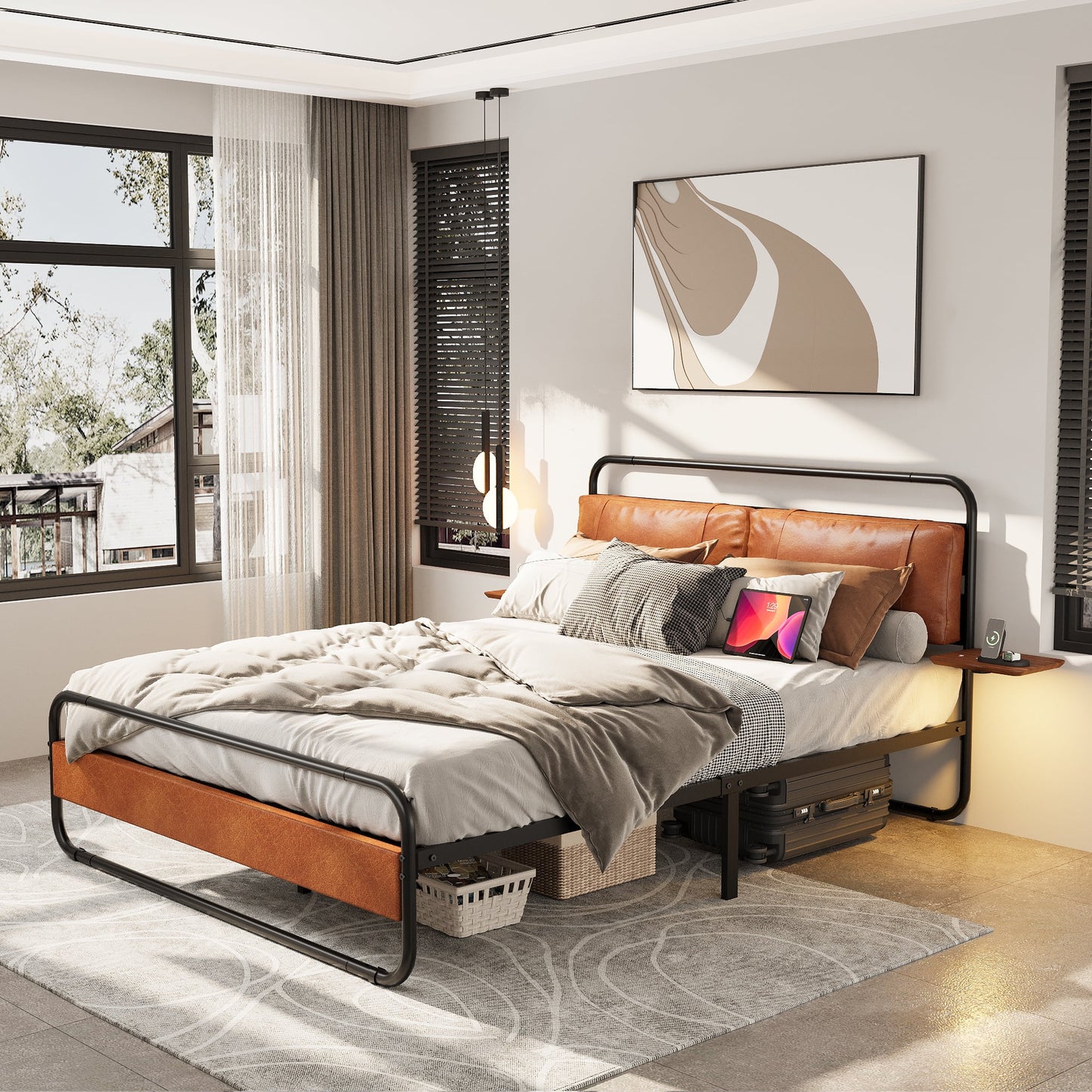 Sesslife Queen Bed Frame with Upholstered Headboard and Storage Racks, Metal Platform Bed with LED Lights and Charging Station, Large Underbed Storage Space, No Spring Box Needed, Brown
