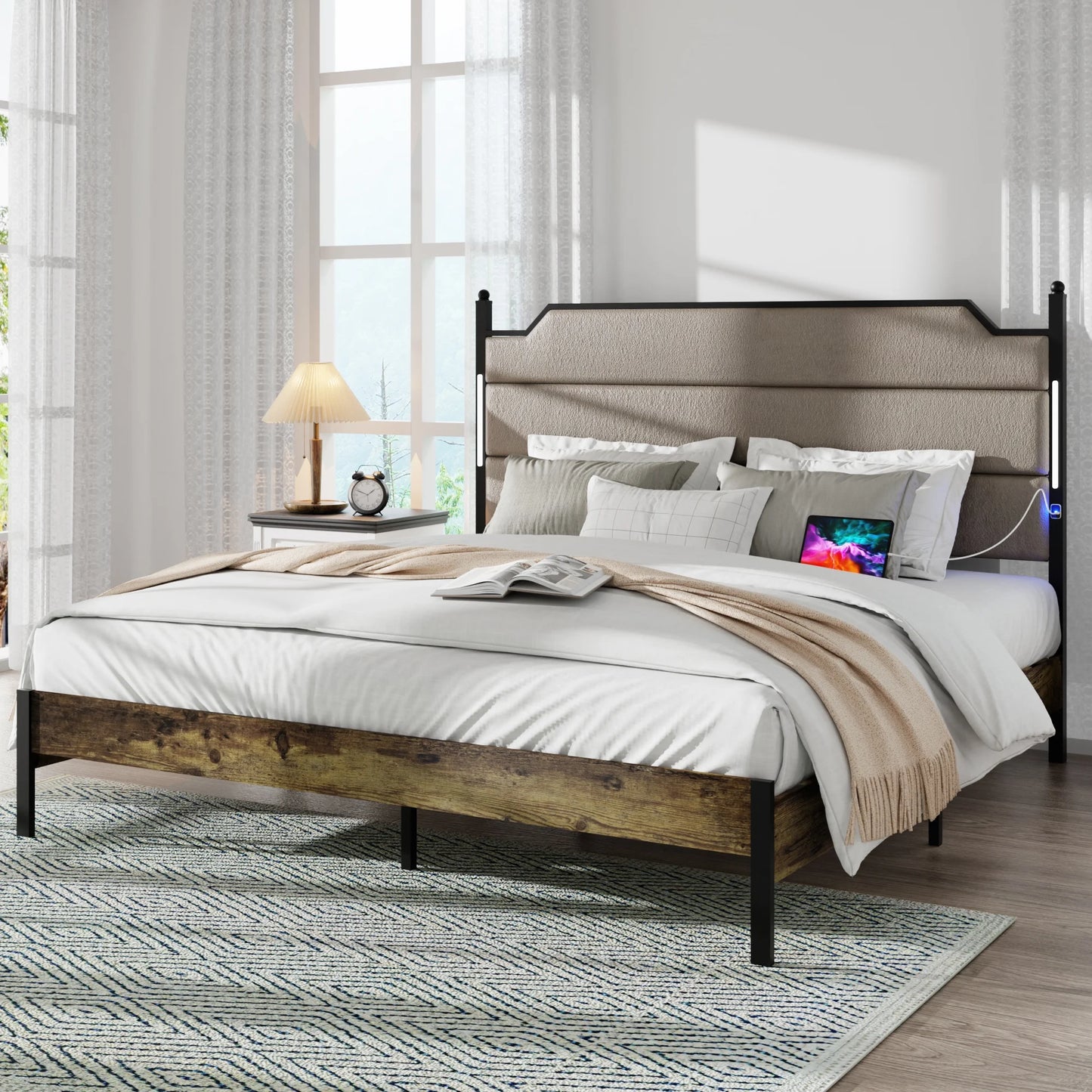 Sesslife Queen Size Bed Frame with Smart LED light Bar, Modern Upholstered Platform Bed with Extra Under Bed Storage for Bedroom, Strong Wood Slats Support, No Box Spring Support, Brown