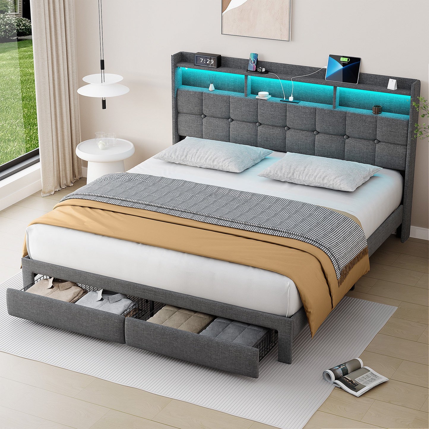 Sesslife Full Size LED Bed Frame with Wingback Storage Headboard, Upholstered Platform Bed with 2 Storage Drawers and Charging Station, Strong Wooden Slats Support, No Box Spring Needed, Gray