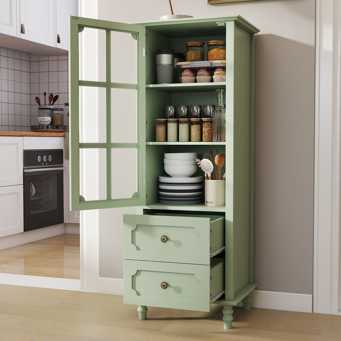 Sesslife Kitchen Pantry Cabinet with Glass Doors and Double Drawer, Modern Wooden Buffet Cabinet Storage Cabinet, Freestanding Cupboard Sideboard for Kitchen Dining Room Living Room, Green