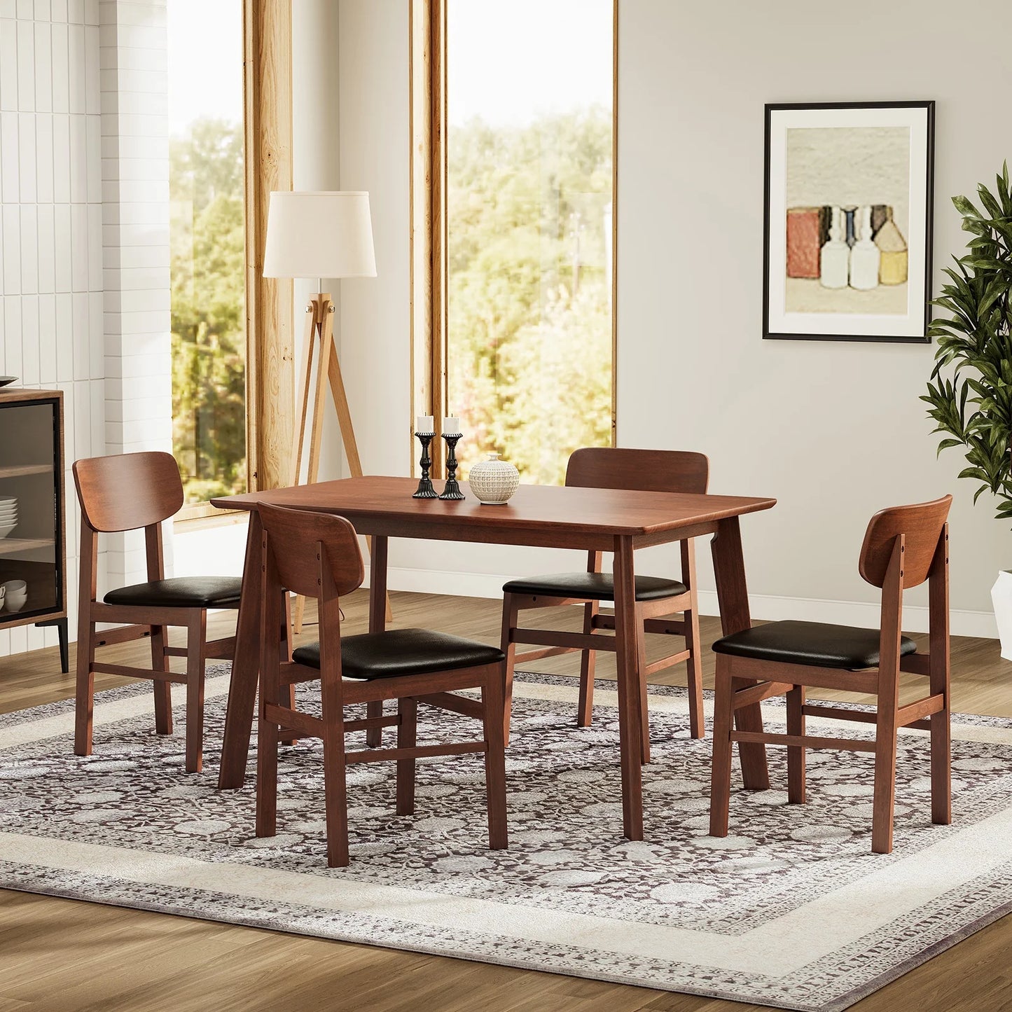 Sesslife 5-Piece Dining Set, Compact Wooden Mid-Century Modern Table & Chair Set for Home, Apartment w/ 4 Chairs, Padded Seats, Wooden Frame - Black/Walnut