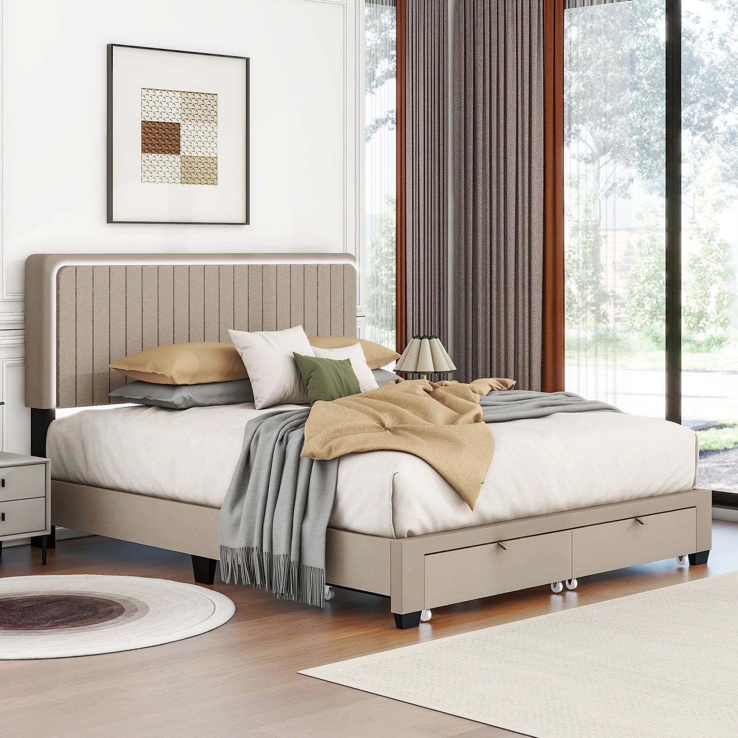 Sesslife LED Bed Frame Queen Size with Motion Sensor Light, Modern Platform Bed with Linen Fabric Adjustable Upholstered Headboard, Queen Bed with 2 Storage Drawers, No Box Spring Needed, Beige