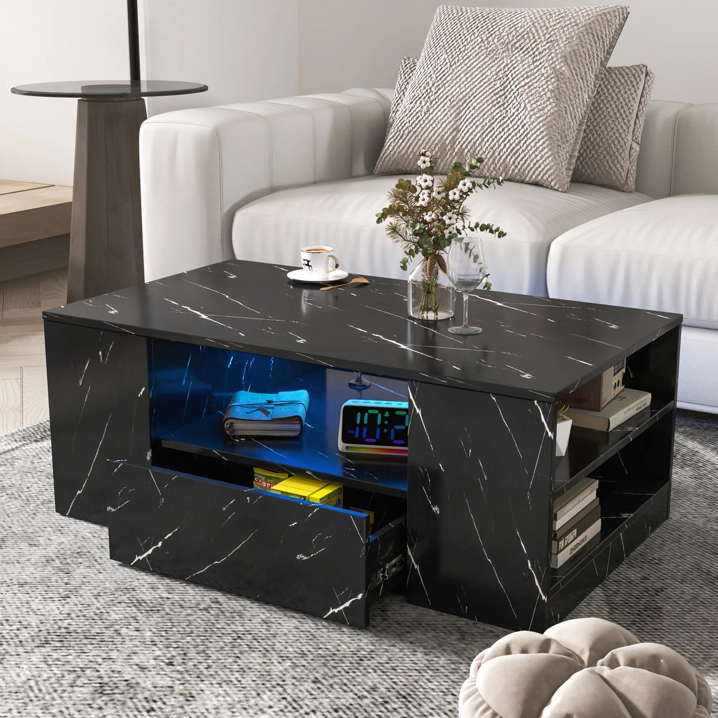 Sesslife White LED Coffee Table with 2 Drawers for Living Room, Modern Lift Top Coffee Table with Hidden Storage and Rising Top, Wood Rectangular High Gloss Center Table with Charging Station