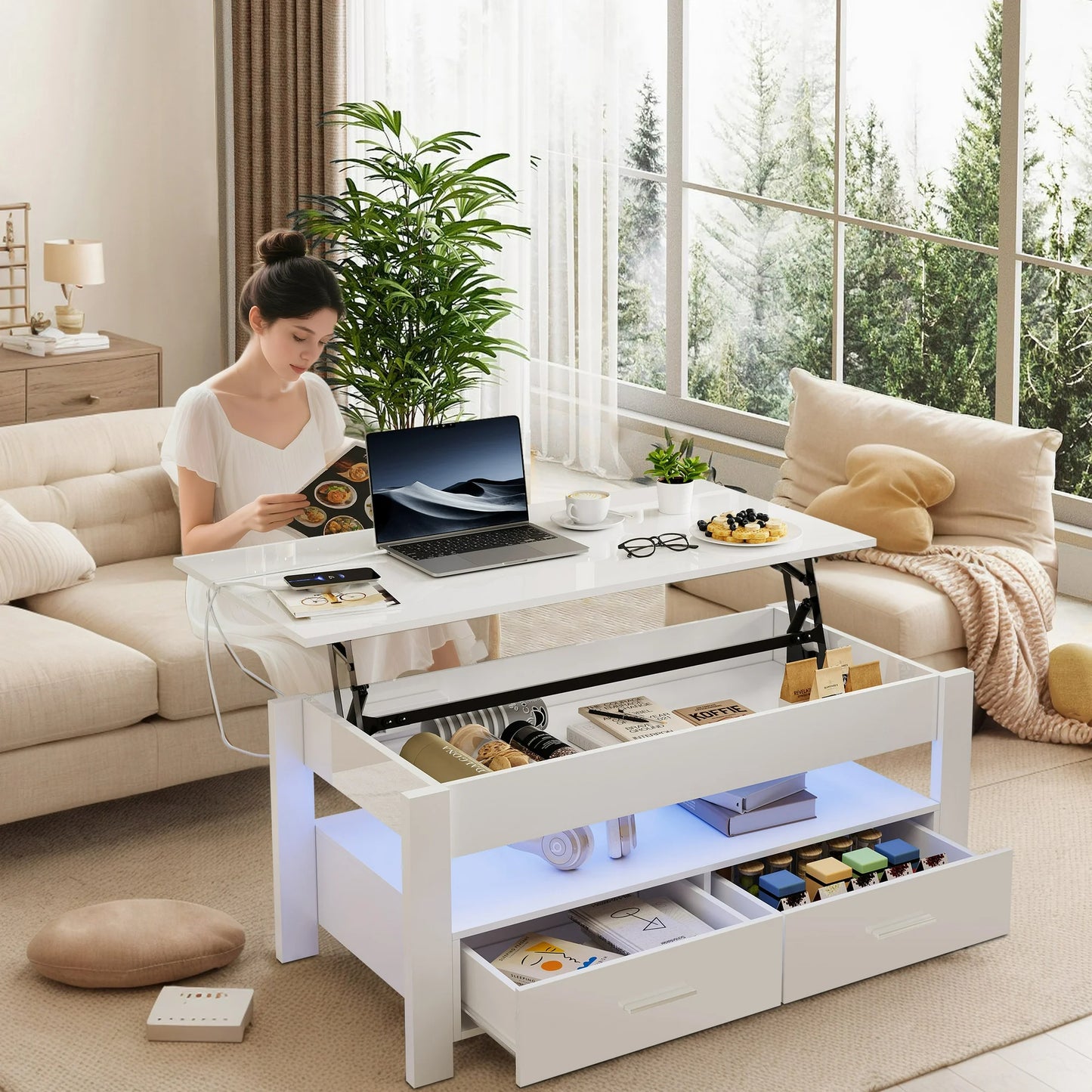 Sesslife White LED Coffee Table with 2 Drawers for Living Room, Modern Lift Top Coffee Table with Hidden Storage and Rising Top, Wood Rectangular High Gloss Center Table with Charging Station