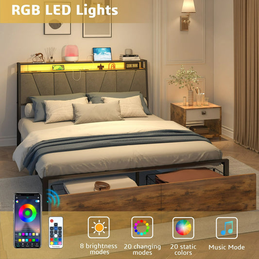 Sesslife Queen Bed Frame with Storage, Metal Platform Bed with Storage Headboard and 2 Storage Drawers, Modern Bed Frame with Power Charging Station and LED Light, No Box Spring Needed, Brown