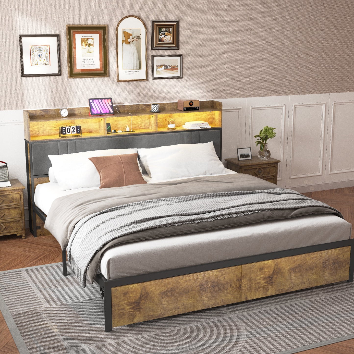 Sesslife LED Queen Bed Frame with Upholstered Bookcase Storage Headboard, Heavy Duty Metal Platform Bed with 2 Drawers and Charging Station, Strong Slats Support, No Box Spring Needed, Brown
