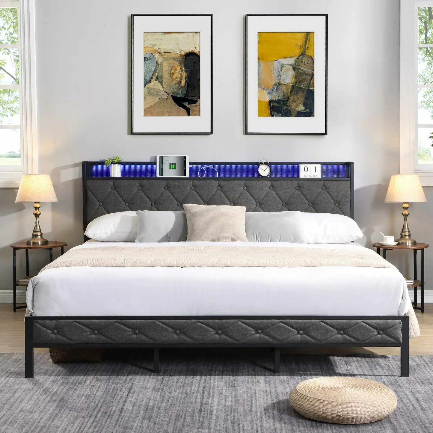 Sesslife Full Size Bed Frame with LED Upholstered Headboard, Metal Platform Bed with Charging Station, Sturdy Slats Support, Large Under Bed Storage, Easy Assembly, No Box Spring Needed, Dark Gray