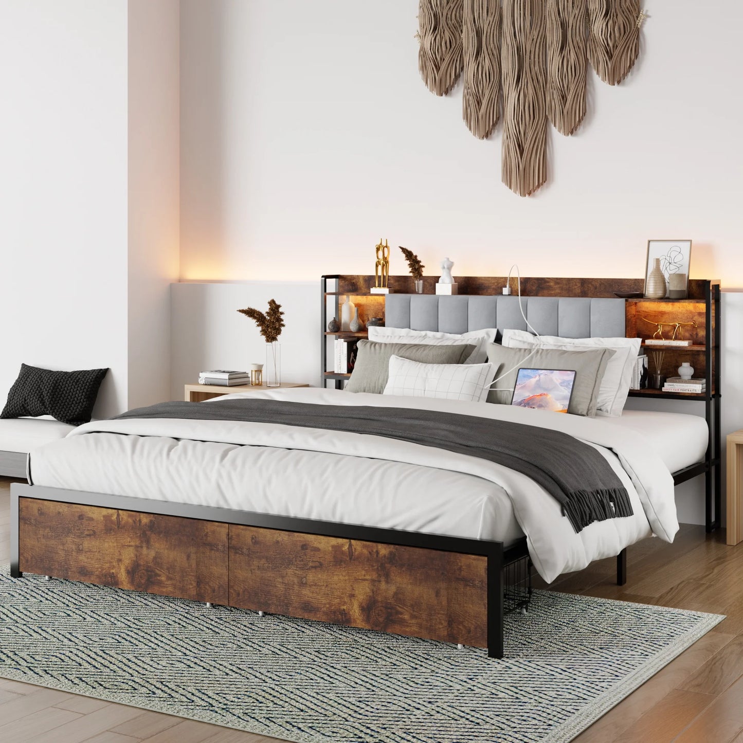 Sesslife LED Queen Size Bed Frame with 2 Drawers, Heavy Duty Metal Platform Bed with Upholstered Storage Headboard and Charging Station, Strong Metal Slats Support, No Box Spring Needed, Brown