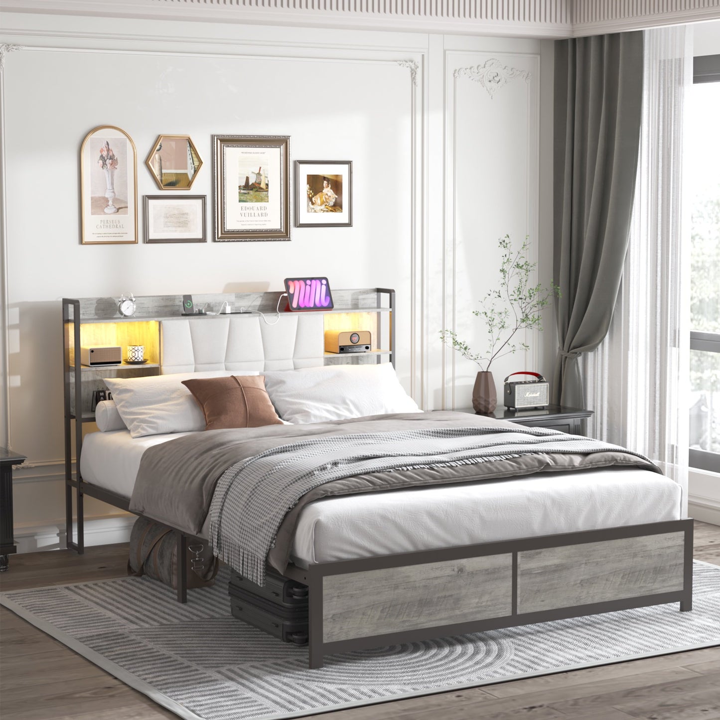 Sesslife LED Queen Bed Frame with 3-Tier Upholstered Storage Headboard, Heavy Duty Platform Bed with Charging Station and Large Underbed Storage, Strong Metal Slats Support No Box Spring Needed, Oak