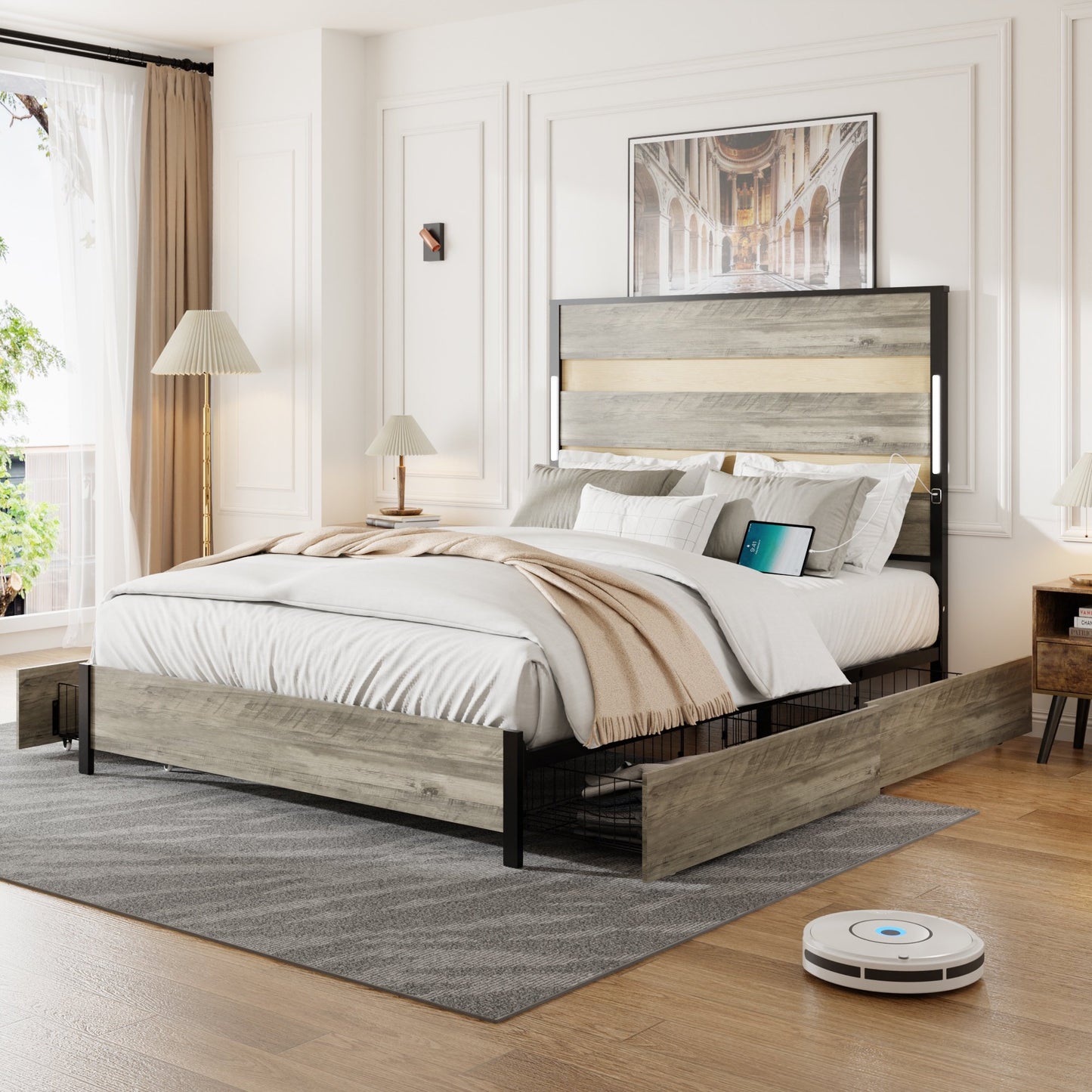 Sesslife LED Queen Bed Frame with 4 Storage Drawers, Platform Bed with Headboard and Charging Station, Wood Bed Frame with Smart LED Light Bar, Strong Wood Slats Support, No Spring Box Needed, Gray