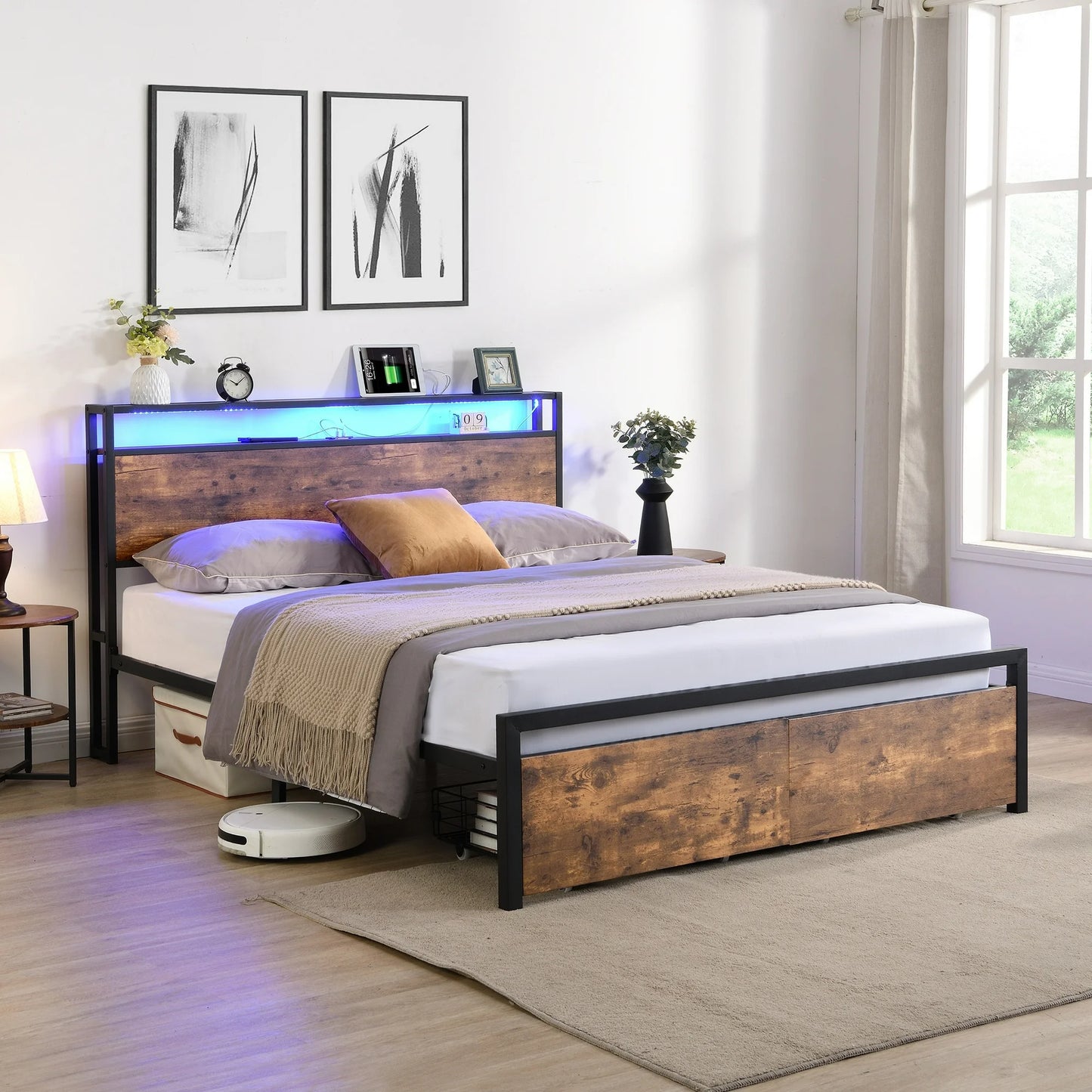 Sesslife LED Full Bed Frame with Storage, Metal Platform Bed Full Size with Storage Headboard, Power Charging Station, and LED Light, Modern Bed Frame with 2 Drawers, No Box Spring Needed, Brown