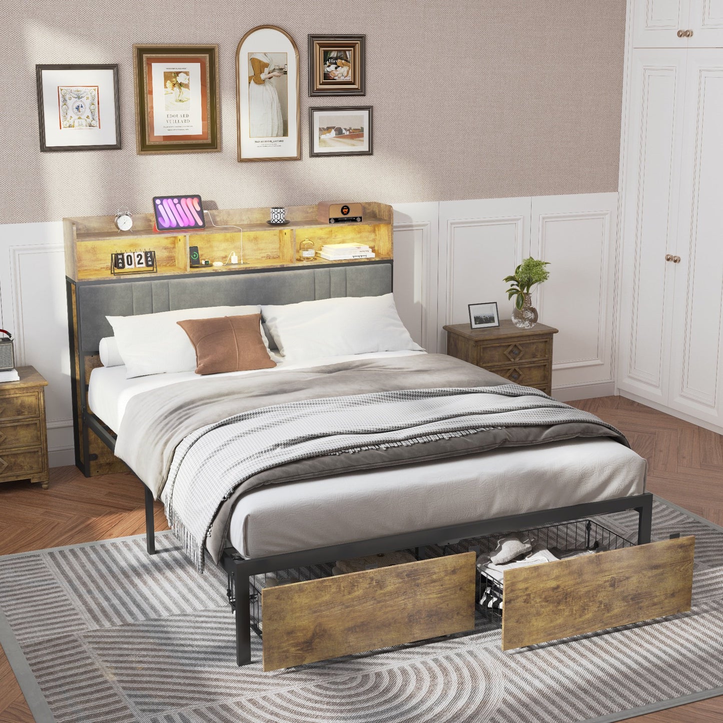Sesslife LED Queen Bed Frame with Upholstered Bookcase Storage Headboard, Heavy Duty Metal Platform Bed with 2 Drawers and Charging Station, Strong Slats Support, No Box Spring Needed, Brown