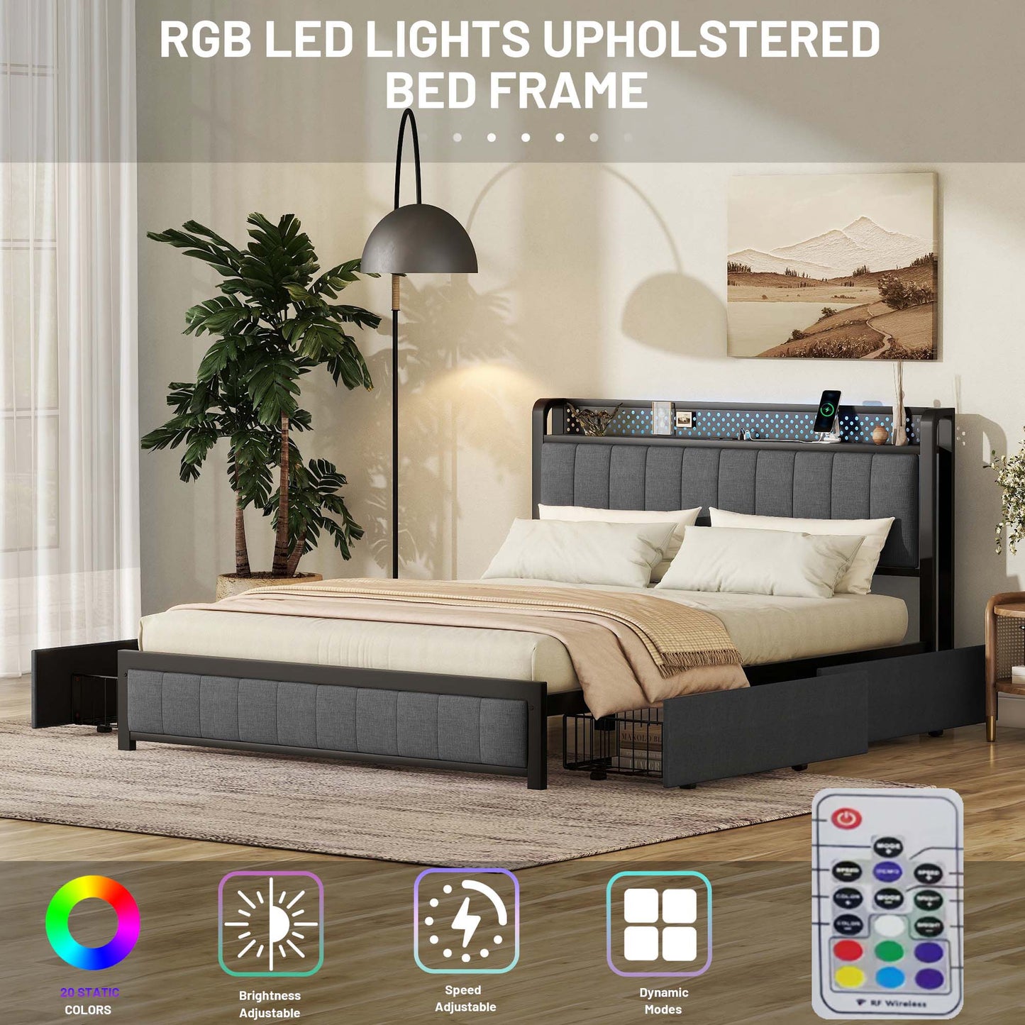 Sesslife LED Queen Bed with Storage Headboard, Modern Upholstered Platform Bed with 4 Drawers and Charging Station, Heavy Duty Metal Bed Frames Queen Size, No Box Spring Needed, Dark Gray