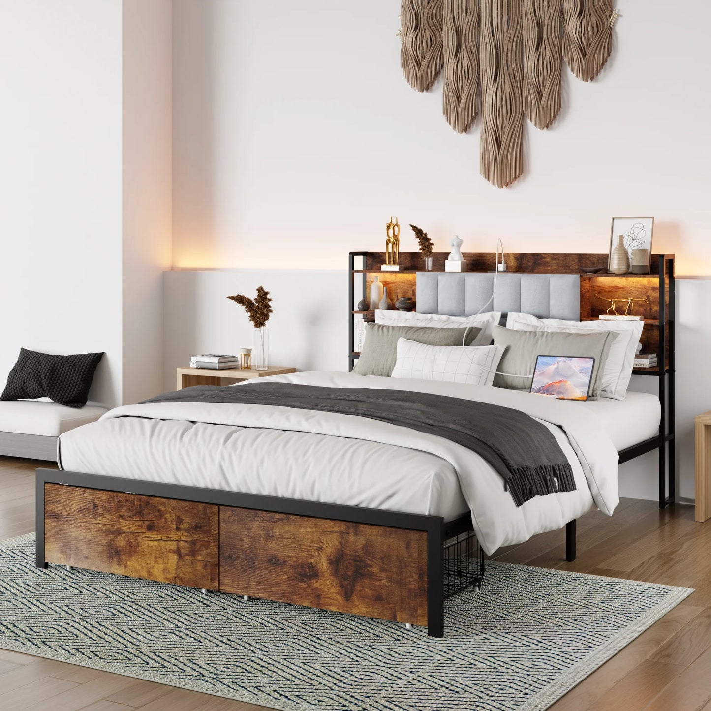 Sesslife LED Queen Size Bed Frame with 2 Drawers, Heavy Duty Metal Platform Bed with Upholstered Storage Headboard and Charging Station, Strong Metal Slats Support, No Box Spring Needed, Brown