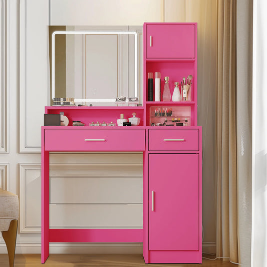Sesslife Makeup Vanity with Lighted Mirror, Vanity Desk with Drawers & Shelves, Pretty Vanity Desk for Girls, Women's Gift, Pink
