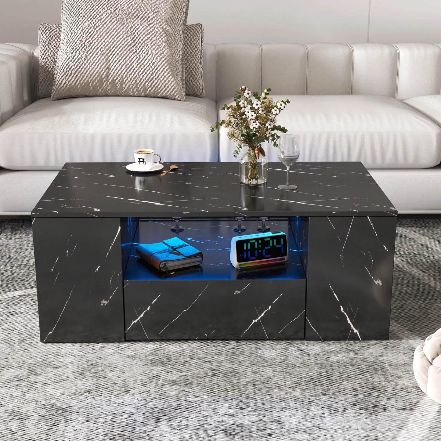 Sesslife Lift Top Coffee Table with Storage, LED Coffee Table with 2 Drawers and Hidden Compartment, High Gloss Rectangular Modern Center Table with Charging Station for Living Room, White