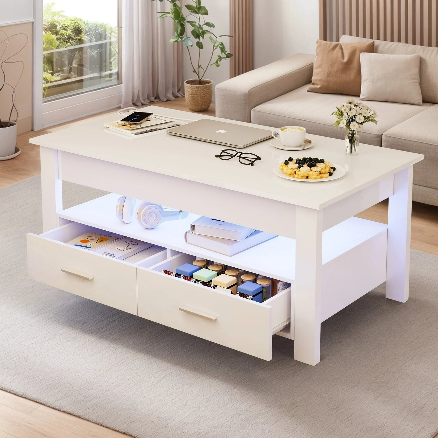 Sesslife Lift Top Coffee Table with Storage, LED Coffee Table with 2 Drawers and Hidden Compartment, High Gloss Rectangular Modern Center Table with Charging Station for Living Room, White