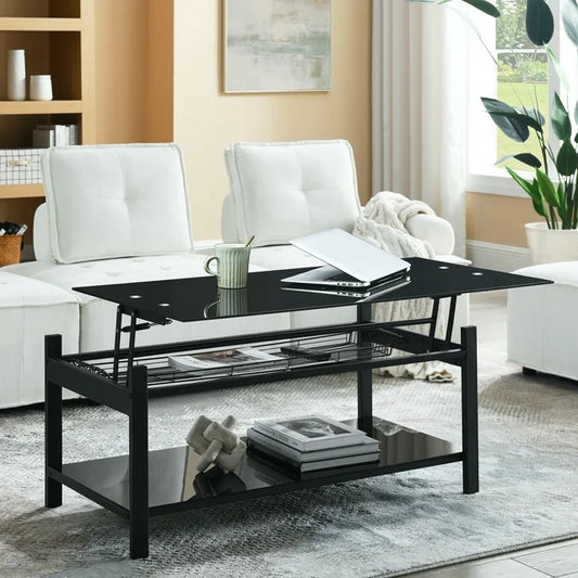 Sesslife Lift Top Coffee Table with Hidden Dividers and Storage Shelves, Lift Tempered Glass Top Dining Table for Living Room Reception Room, Black