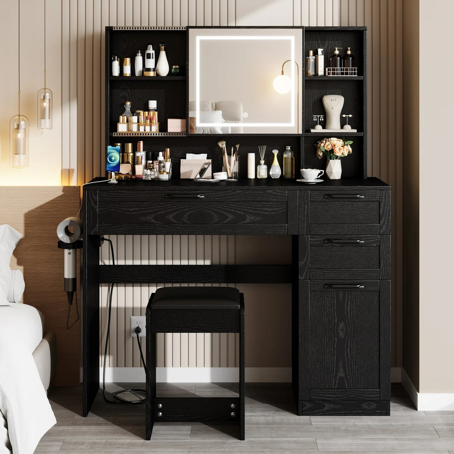 ENYOPRO Vanity Set with Sliding LED Light Mirror, Black Makeup Desk with Cushioned Stool, Charging Station, Drawers, Storage Cabinet and Hair Dryer Rack, Modern Dressing Table Set for Women Girls