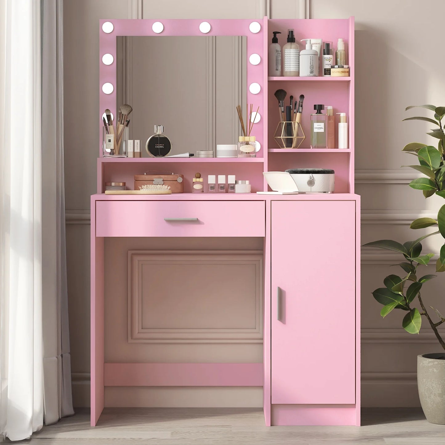 Sesslife Makeup Vanity with LED Mirror, Dressing Table with Large Drawer, Vanity Desk for Girls, Women, Pink