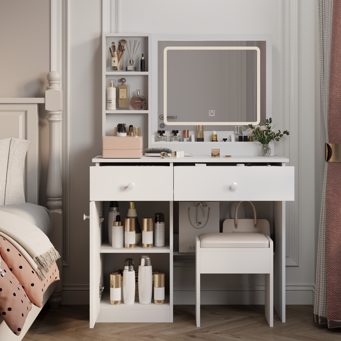 Sesslife Makeup Vanity with Lighted Mirror, Vanity Table with a Drawer & Cushioned Stool, Vanity Desk with Stool, for Girls, Women, Bedroom, White