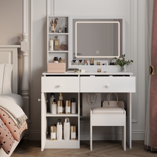 Sesslife Makeup Vanity with Lighted Mirror, Vanity Table with a Drawer & Cushioned Stool, Vanity Desk with Stool, for Girls, Women, Bedroom, White