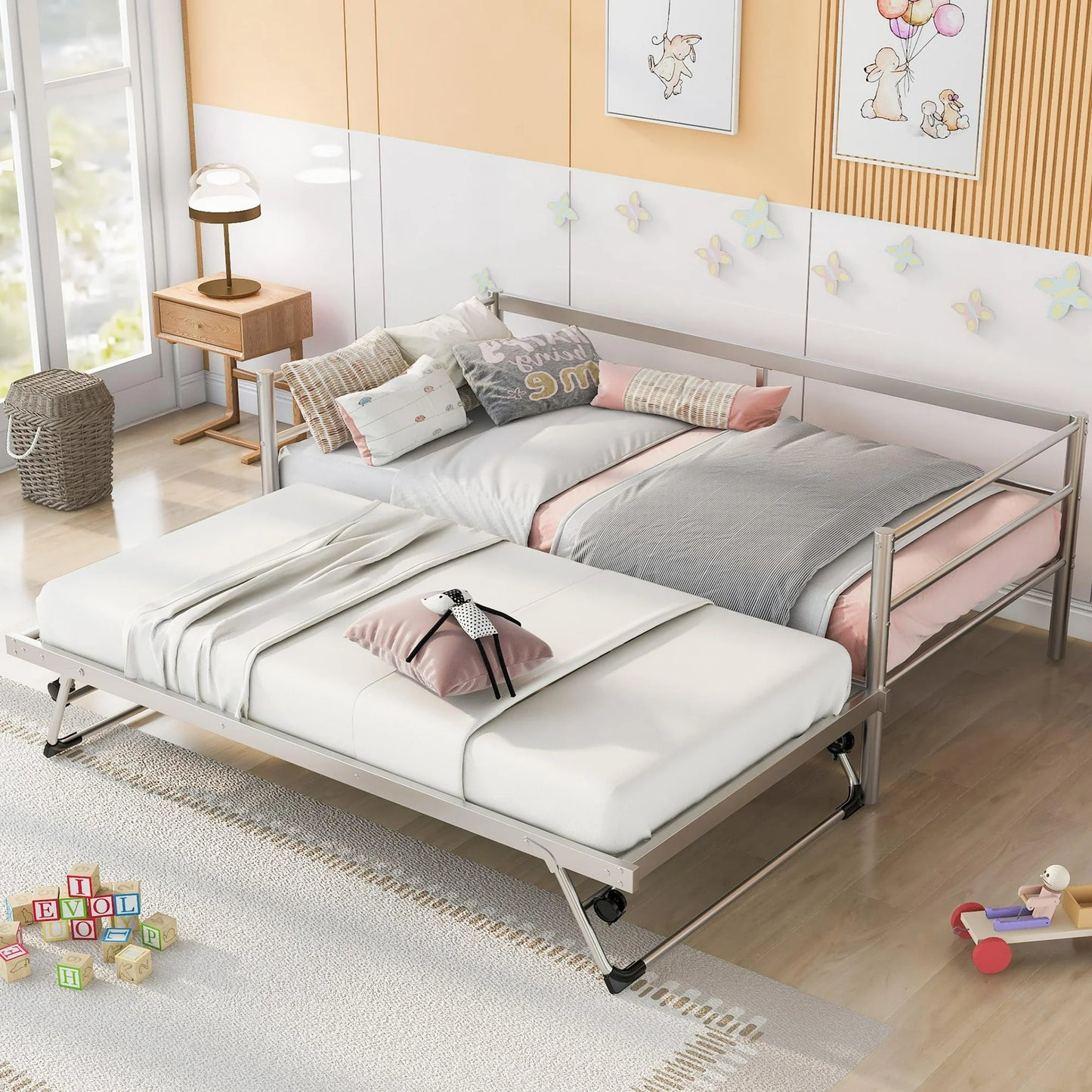Sesslife Metal Daybed with Adjustable Trundle, Twin Size Daybed with Twin Size Pop Up Trundle Bed, Heavy-Duty Sofa with Portable Folding Trundle Bed for Bedroom Living Room (Black)
