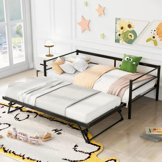 Sesslife Metal Daybed with Adjustable Trundle, Twin Size Daybed with Twin Size Pop Up Trundle Bed, Heavy-Duty Sofa with Portable Folding Trundle Bed for Bedroom Living Room (Black)
