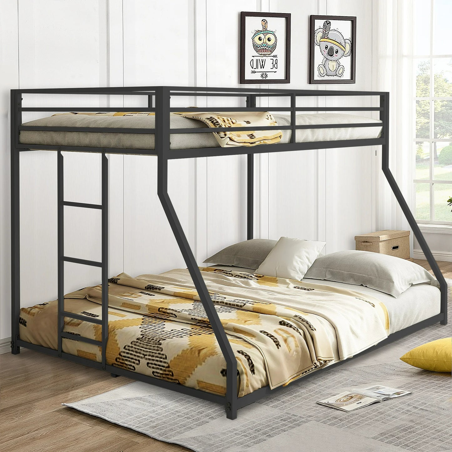 Sesslife Metal Twin Over Full Bunk Bed, Low Profile Metal Bunk Bed with Ladder and Full-Length Guardrail, Heavy-Duty Metal Low Bunk Beds For Kids Teens Adults, No Box Spring Needed, Black