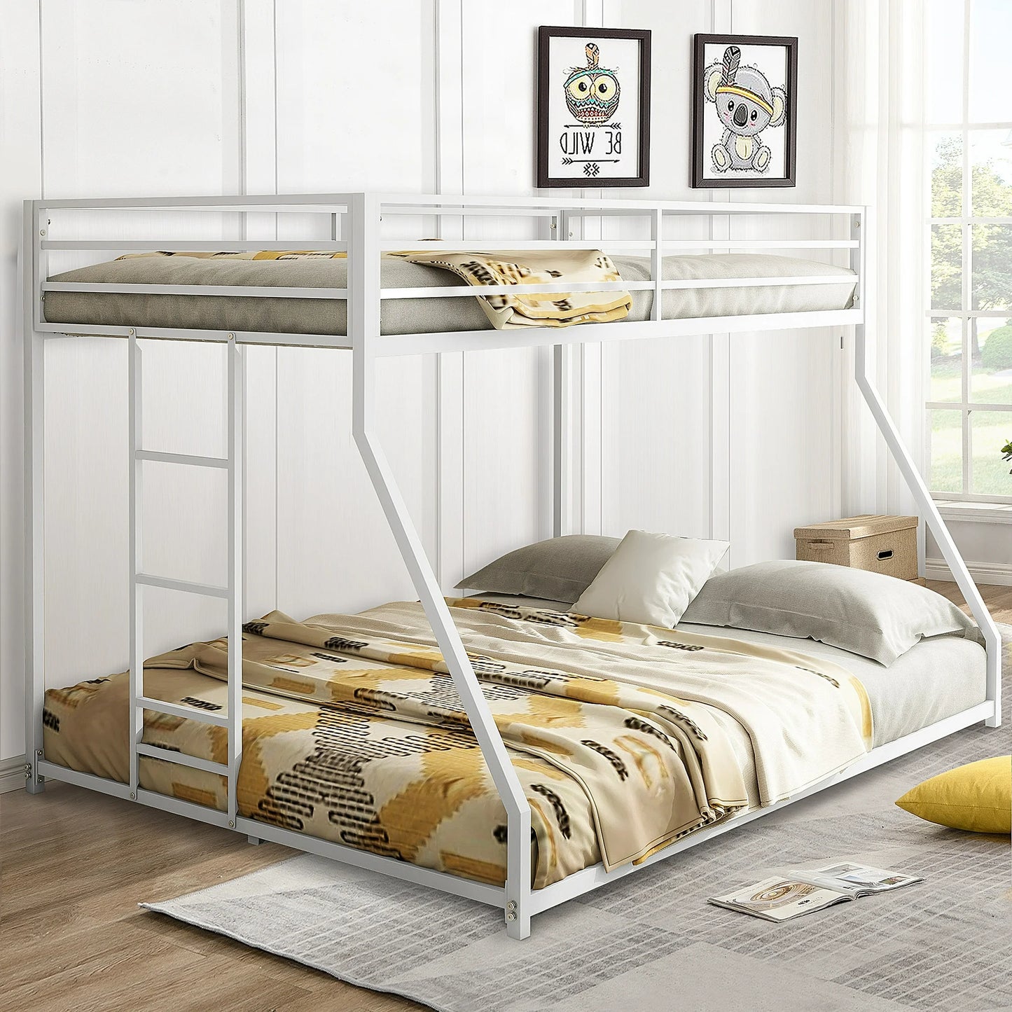 Sesslife Metal Twin Over Full Bunk Bed, Low Profile Metal Bunk Bed with Ladder and Full-Length Guardrail, Heavy-Duty Metal Low Bunk Beds For Kids Teens Adults, No Box Spring Needed, Black