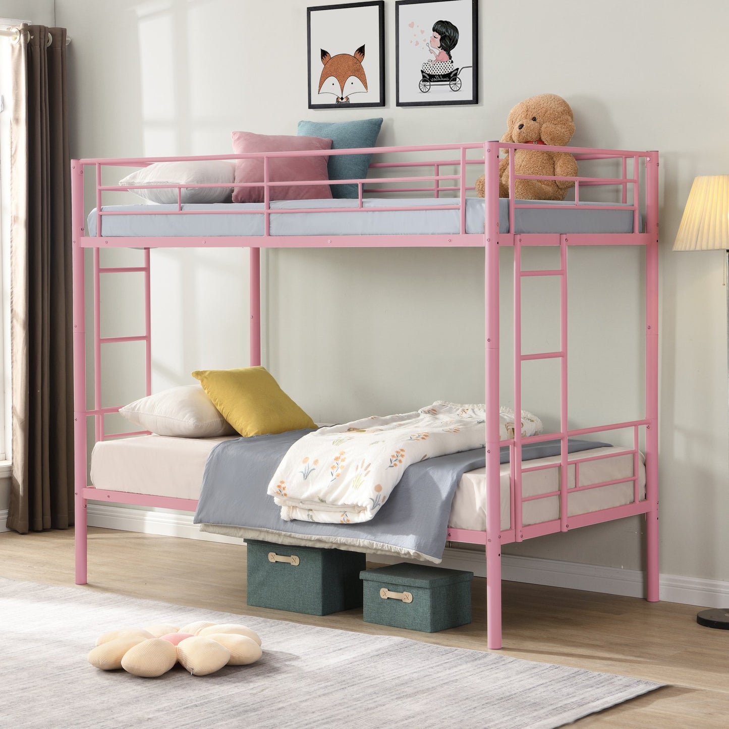Sesslife Metal Twin Over Twin Bunk Bed with 2 Ladders, Twin Bunk Beds for Kids Teens with Full Length Guardrails, Convertible Bunk Bed Can Be Divided Into 2 Twin Beds, No Box Spring Needed, Black