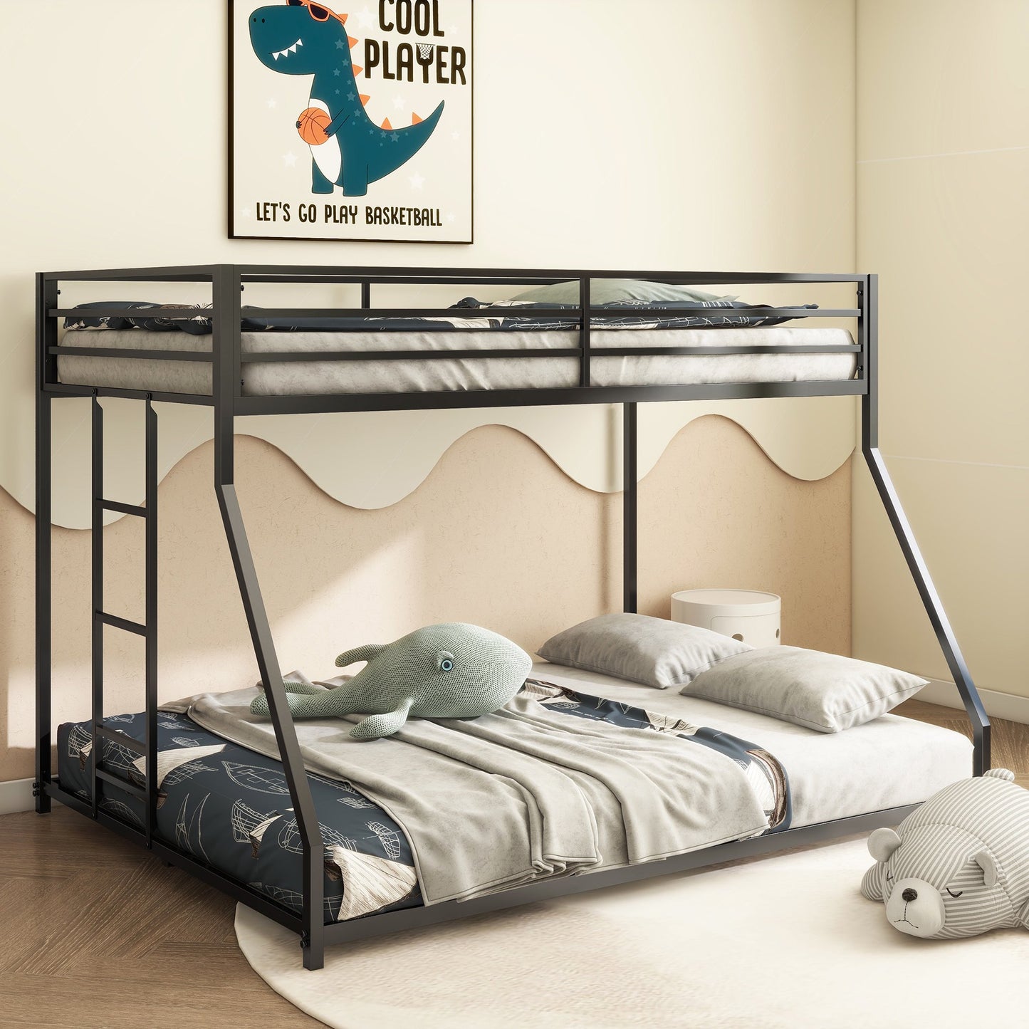 Sesslife Metal Twin Over Full Bunk Bed, Low Profile Metal Bunk Bed with Ladder and Full-Length Guardrail, Heavy-Duty Metal Low Bunk Beds For Kids Teens Adults, No Box Spring Needed, Black