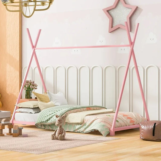 Sesslife Metal Twin Size House Platform Bed with Roof, Kid Floor Bed with Slat Support, Kids Modern Bed Frame, No Box Spring Needed, Easy Assembly