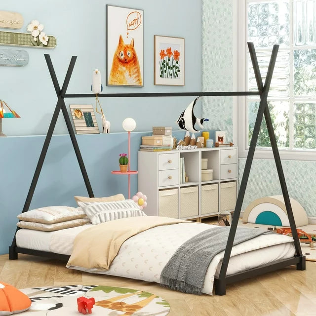Sesslife Metal Twin Size House Platform Bed with Roof, Kid Floor Bed with Slat Support, Kids Modern Bed Frame, No Box Spring Needed, Easy Assembly