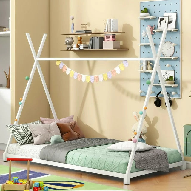 Sesslife Metal Twin Size House Platform Bed with Roof, Kid Floor Bed with Slat Support, Kids Modern Bed Frame, No Box Spring Needed, Easy Assembly